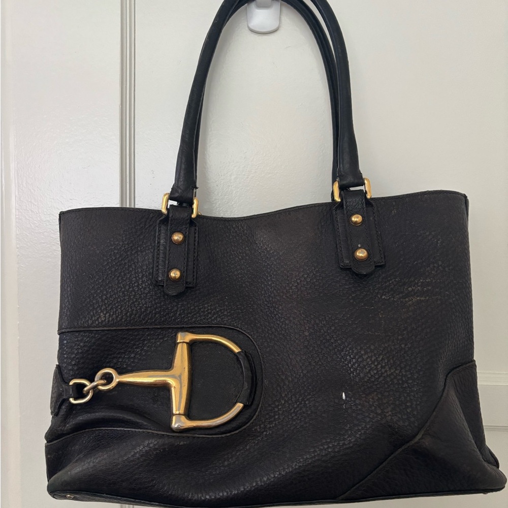 Black Leather Tote Bag with Gold Accents